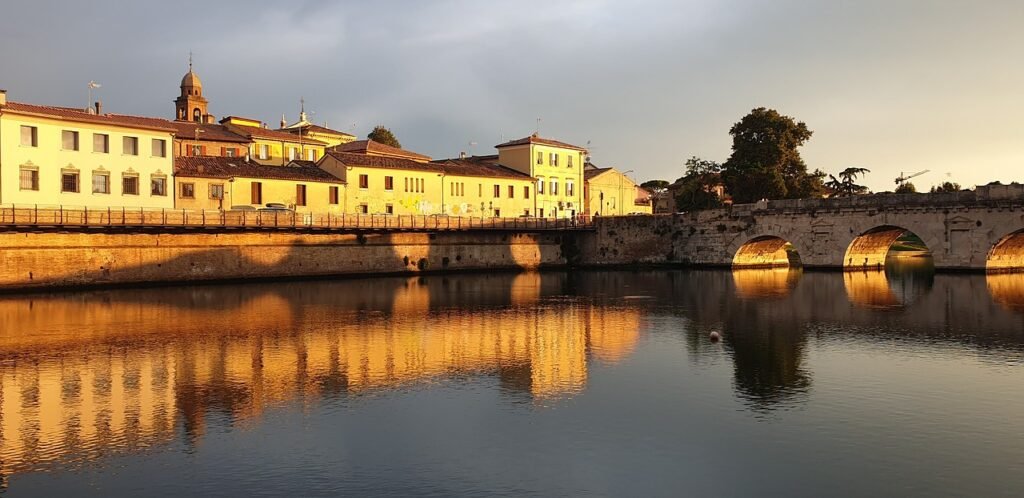 rimini, sunset, tiberius bridge